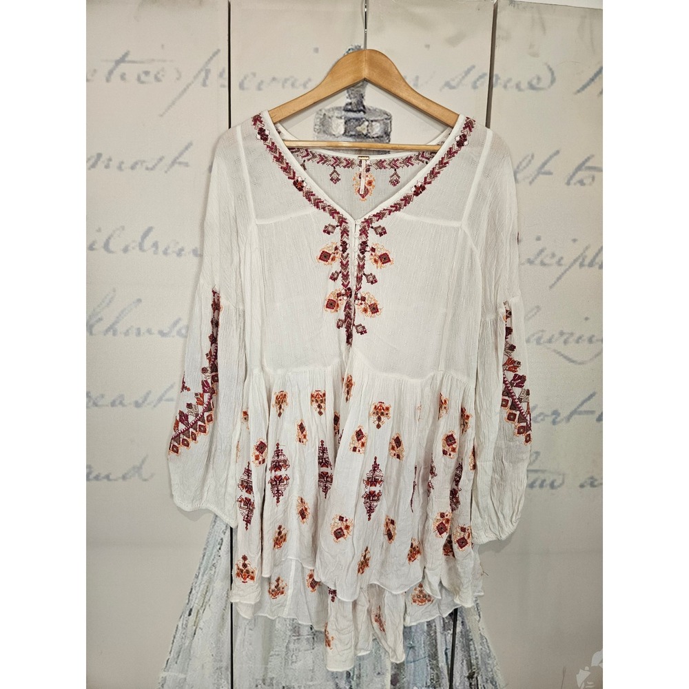 Free People Arianna Tunic Top Small White Embroidered Boho Balloon Sleeve Blouse